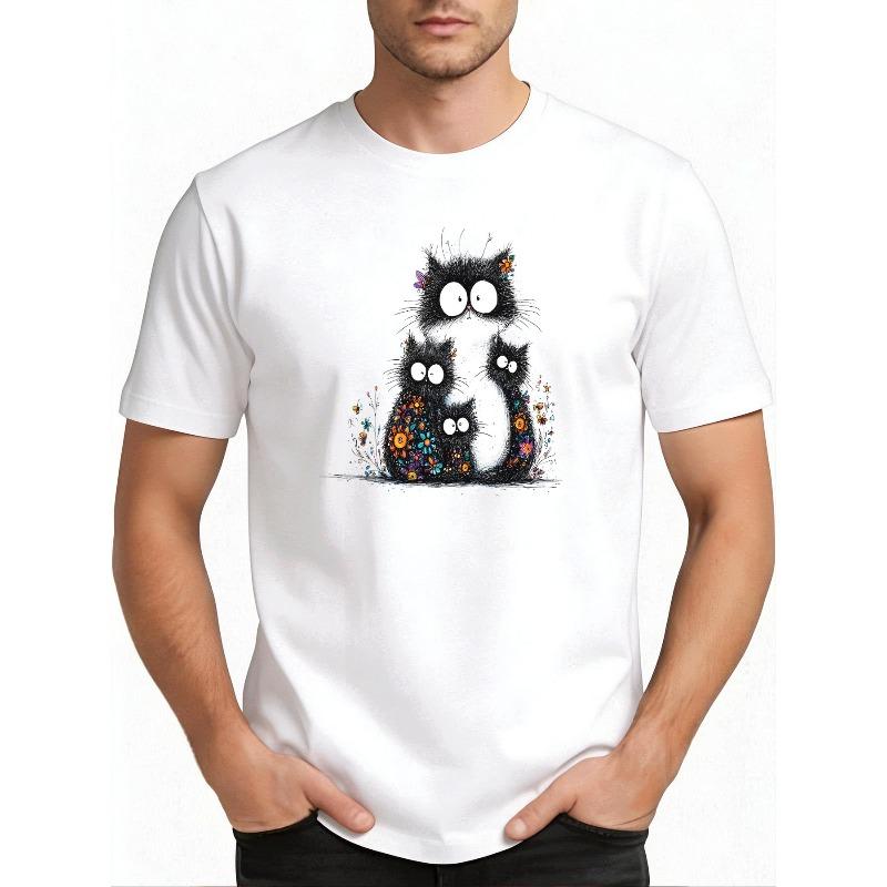 European Sizes Men'S Fashion Casual Trendy Graphic Tee with Cute Cartoon Black Cat Family Floral Print Adult Male Streetwear Holiday Gift Daily Wear