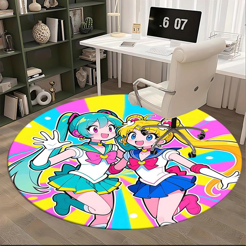 1pc Sailor Moon & Hatsune Miku Anime Cartoon Design Round Carpet - Office Chair Mat, Non-Slip Rug for Home Decor, Living Room, Bedroom, Game Room, Dor