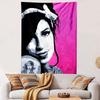 Stylized portrait on a vibrant pink background with bold black outlines. Patterned tapestry for bedroom and living room home decor