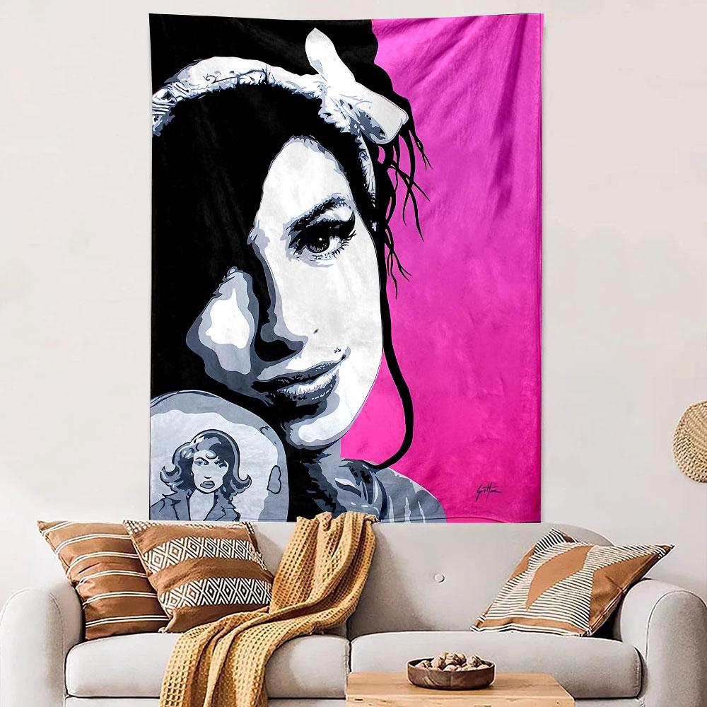 Stylized portrait on a vibrant pink background with bold black outlines. Patterned tapestry for bedroom and living room home decor