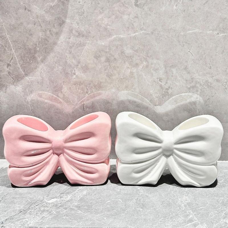 Bowknot Ceramic Toothbrush Holder for Home and Bathroom Countertop Bowknot Decoration