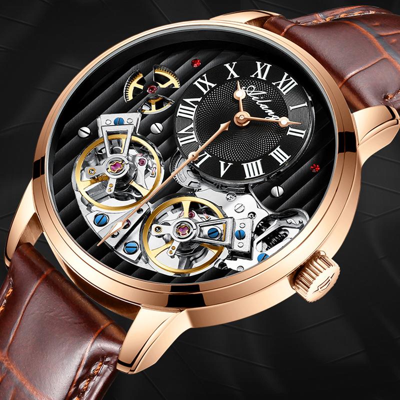 AILANG Orologi da Uomo Nero Doppio Tourbillon Cinturino in Pelle Orologi Meccanici Automatici Tourbillon Volante Impermeabile