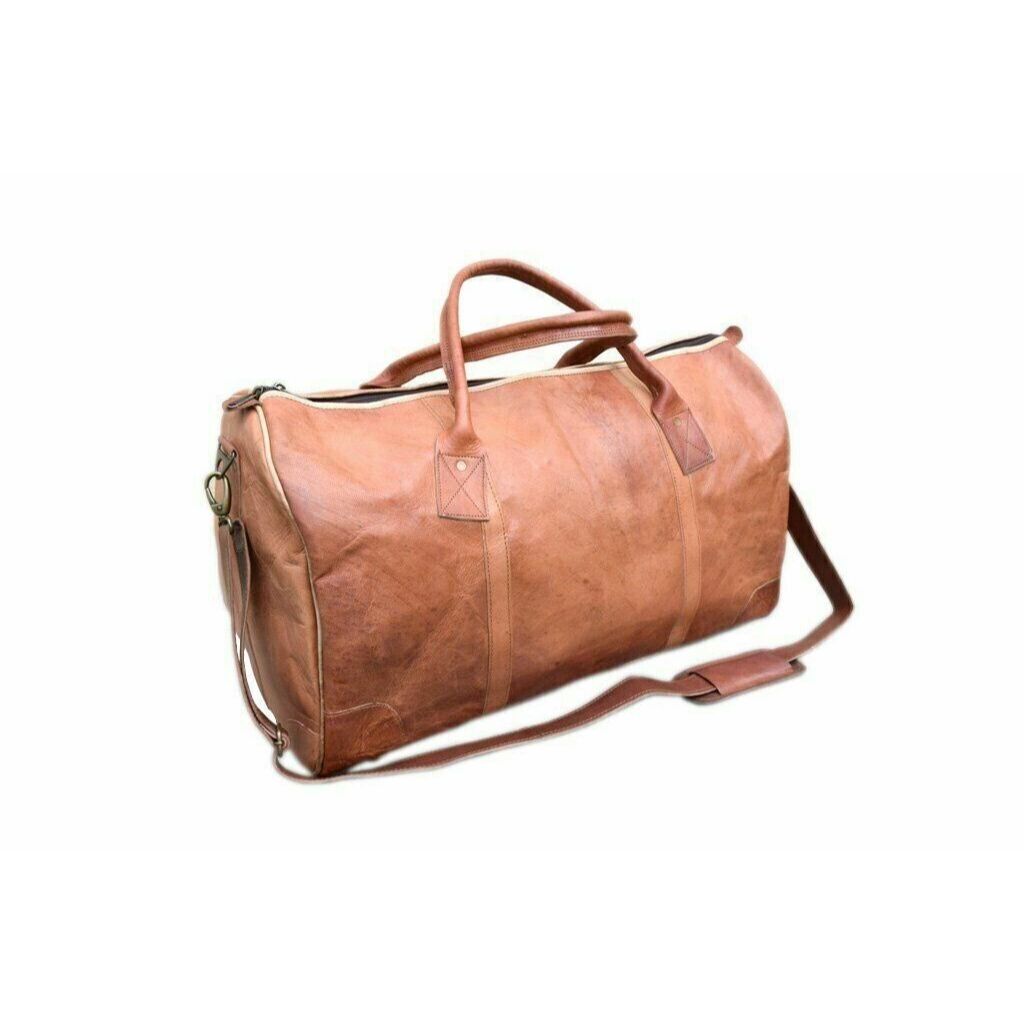 Old Real Brown Leather Duffle Bag Sports Gym Bag Weekend Travel AirCabin Luggage