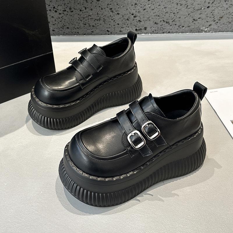 Platform Loafers Women's 2025 Spring New Versatile Small Inner Height Increase Women's Shoes Black British Style Small Leather Shoes