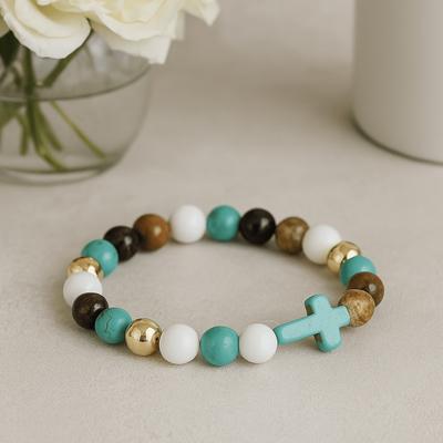 Turquoise Stretch Beaded Bracelet With Cross