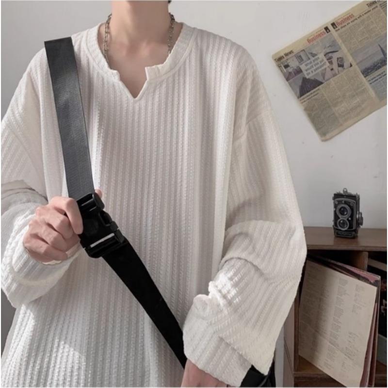 Spring Autumn V-neck Solid Color Casual Fashion Pullover Tee Male Long Sleeve All-match Bottomed T-shirt Top Men