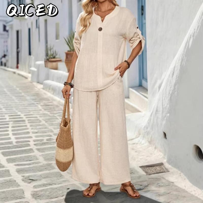 QICED Completi Pantalone Casual Moda Donna Manica Lunga Scollo a V