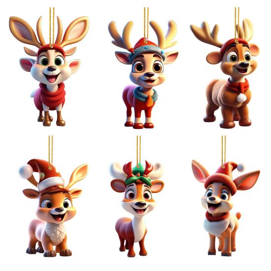 2D Flat Acrylic Elk Pendant Cartoon Deer Christmas Tree Decoration Car Rearview Mirror Hanging Charm for Auto Interior Accessories Xmas Tree Decor