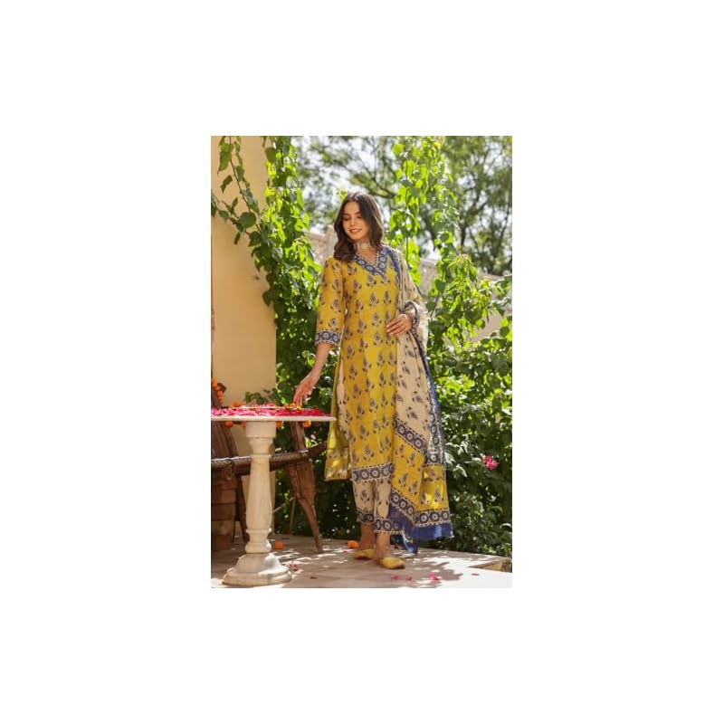 GoSriKi Women's Cotton Blend Straight Printed Kurta with Pant & Dupatta (Uchiha Mustard-GS_L_Mustard_Large)