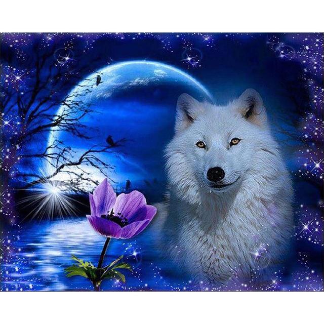 DIY 5D Full Diamond Painting Cross Stitch Painting White Wolf Diamond Embroidery