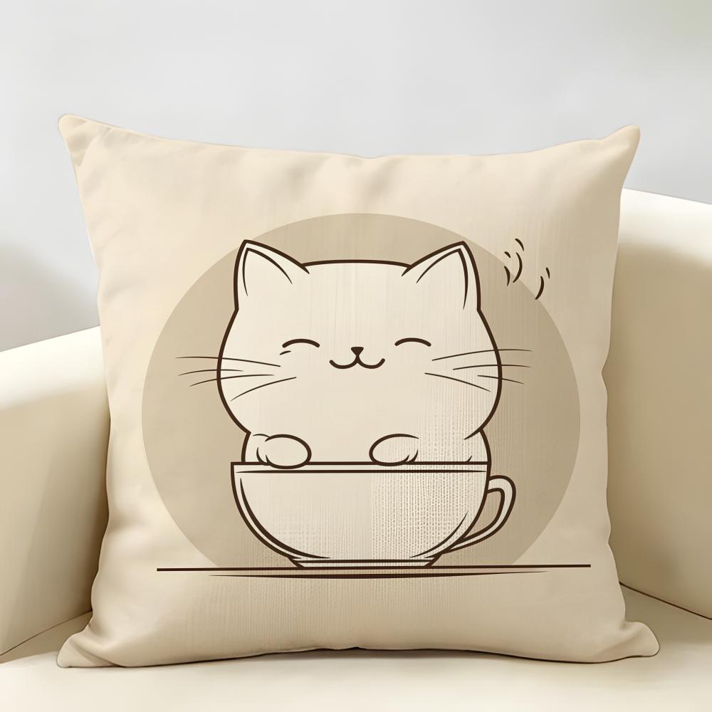Cat Drink Coffee Cute Funny Cushion Cover Natural Linen Organic Fabric DoubleSided Printing Room Sofa Decor Pillow Case