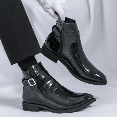 Side Zipper Chelsea Boots Men's Ankle Boots Leather Buckle British-style Pointed Riding Boots Doctor's Check Trendy Shoes
