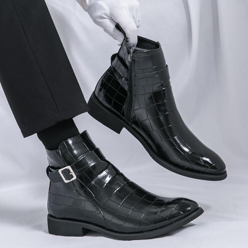 Side zipper Chelsea boots men's ankle boots leather buckle British-style pointed riding boots doctor's check trendy shoes