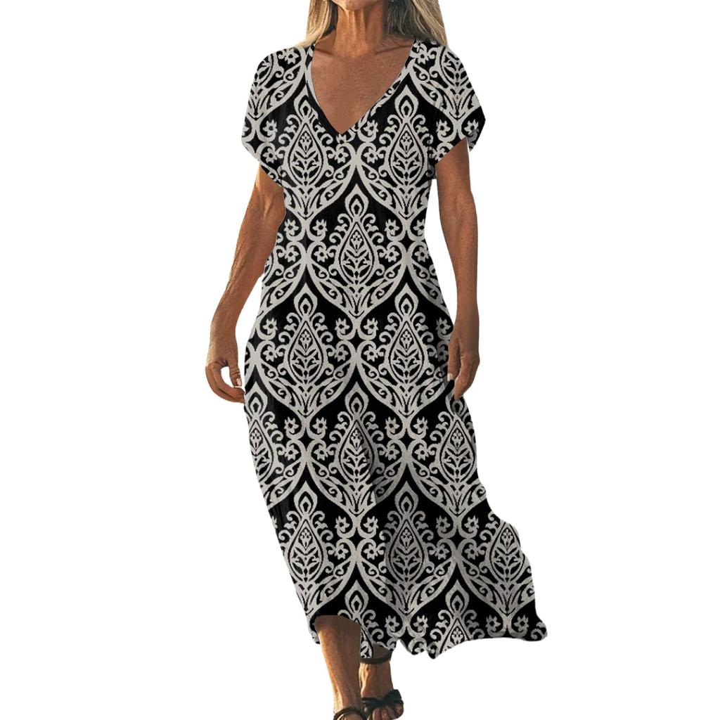 Summer Dress Women's Long Boho Beach Dress Elegant Maxi Dress V-Neck Short Sleeve Summer Tunic Dress Light Airy