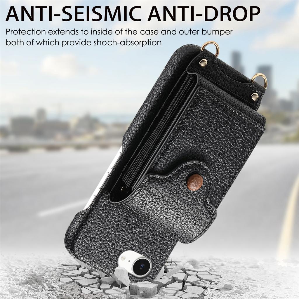 For iPhone 16e Case Mirror Card Holder Litchi Texture Leather Phone Back Cover with Long Strap