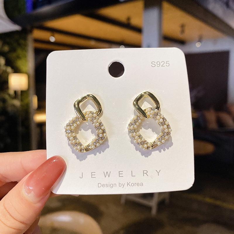 Silver needle temperament niche design earrings new tide zircon inlaid pearl square stud earrings