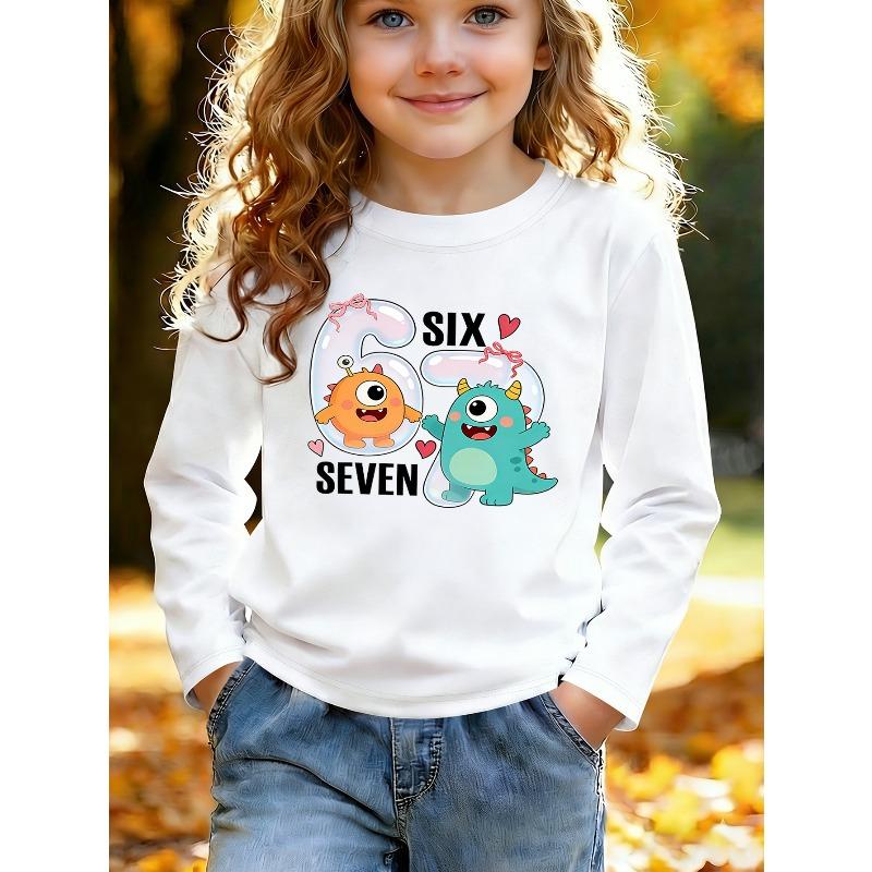 Unisex Kids White Long Sleeve Tee For 4-12 Girls Cute Bubble Number 67 Cartoon Orange Green Little Monster Pink Bow Heart Text Print Long Sleeve Top