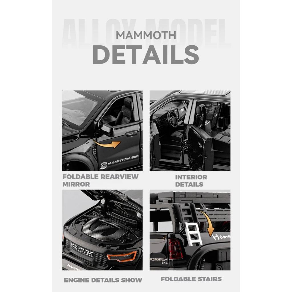 1/24 Scale Dodge Mammoth RAM 1000 TRX 6x6 Pickup Metal Alloy Diecast Model Car Outdoor Decoration Ornament Holiday Gift for Boyfriend