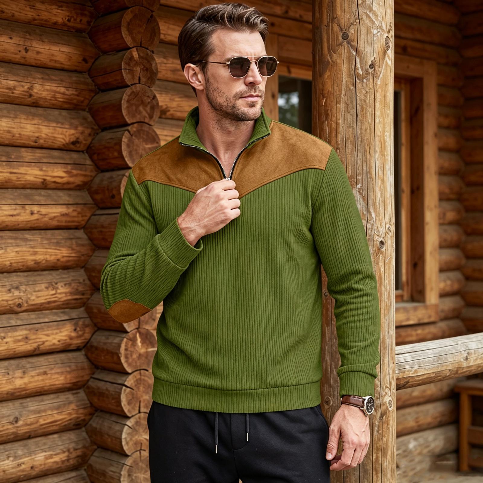Men s Retro Half Zip Stand Collar Sweatshirt with Patchwork Long Sleeve L