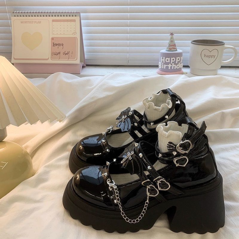 Fashion Women Platform Mary Jane Shoes Lady Fashion Chain Design Thick Sole Leather Shoe Cosplay Halloween Gothic Lolita Shoes for Women
