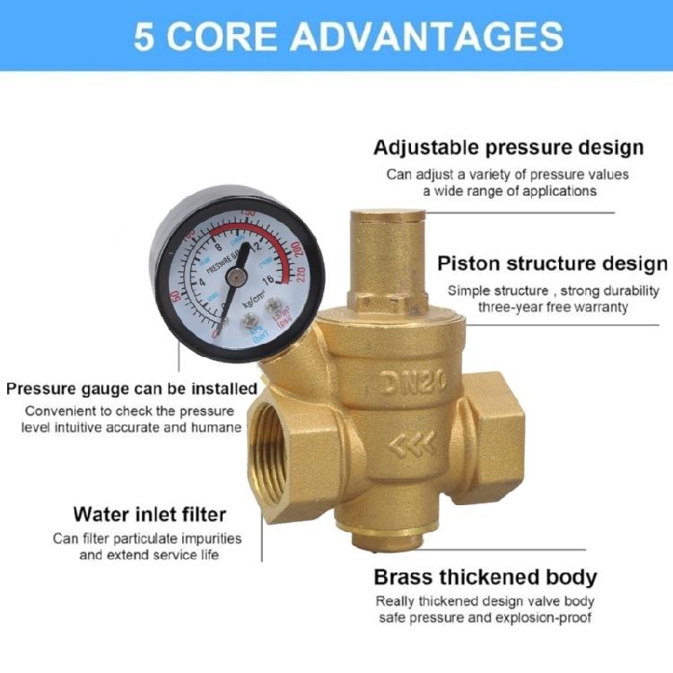 Adjustable DN20 Brass Pressure Regulator 1/2 Inch for Residential Commercial