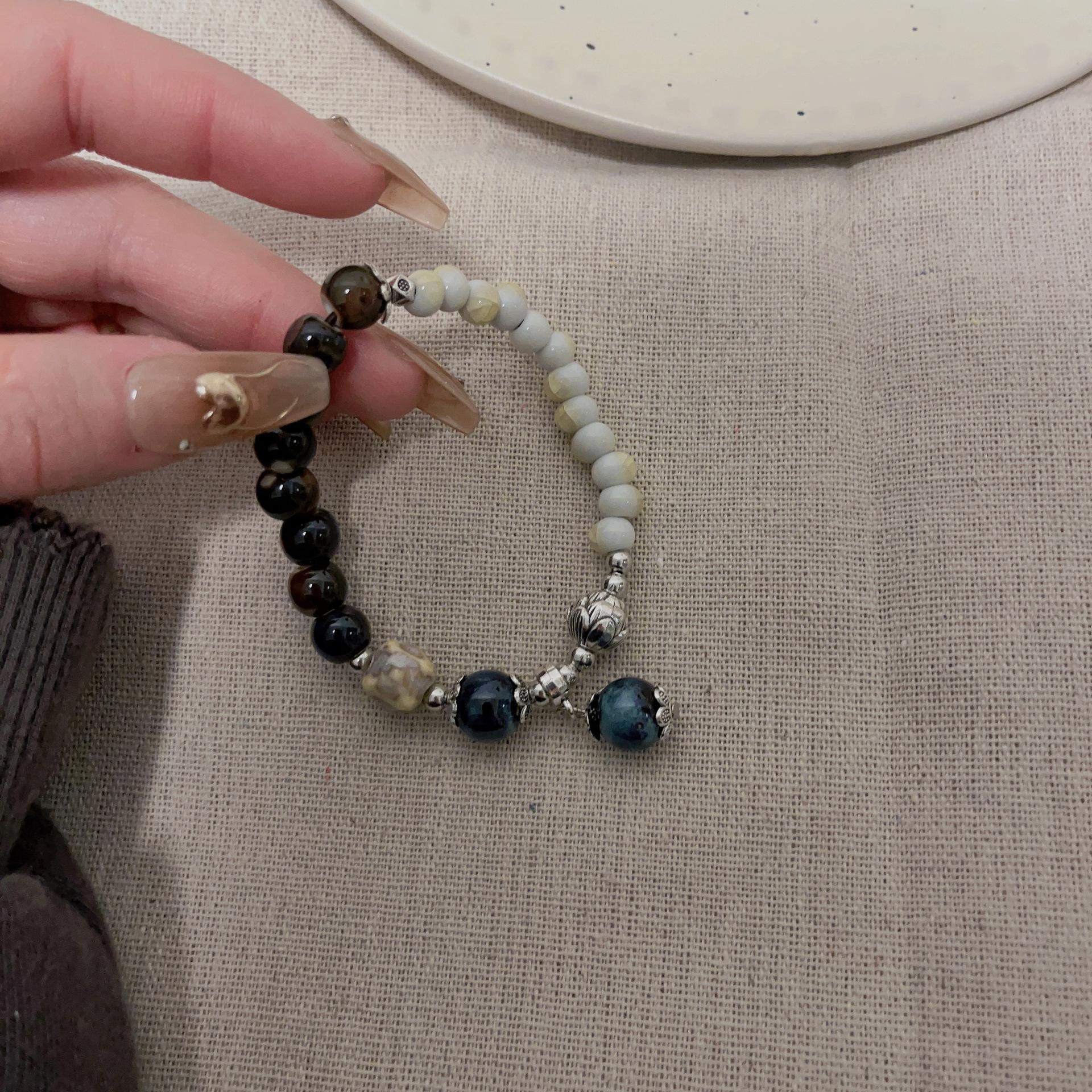 Керамический браслет ручной работы из бисера, браслет в экзотическом этническом стиле, браслет в древнем тибетском стиле, эластичный браслет 12.5-16cm чёрный