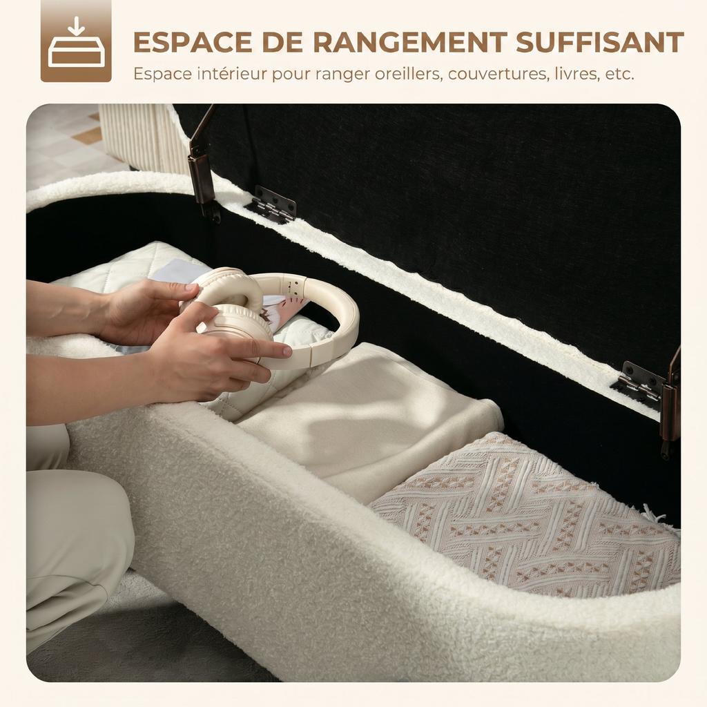 Storage Bench, Boucle Fabric, Lift-Up Lid, Steel Legs, Cream