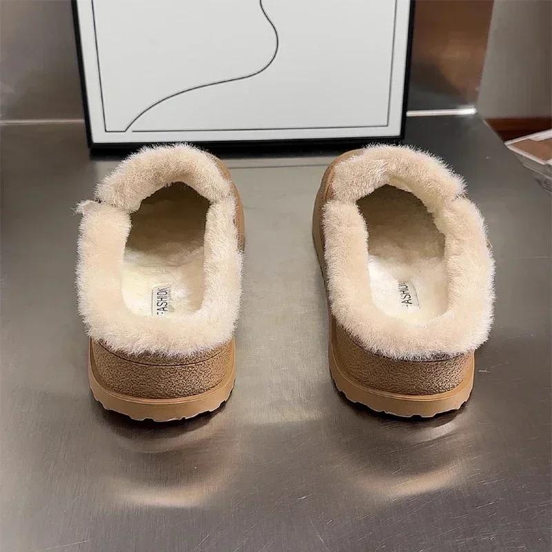 Fashion Lady Winter Shoes Warm Long Fur Inside Fashion Solid Khaki Color Woman Light Footwear Designer Suede Leather Shoes Slip-On Shoes