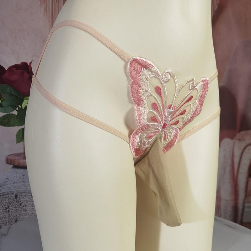 Large Size Sissy Pouch Panties Men Bullet Separation Brief Butterfly Embroidery Transparent Underwear Couple Tranparent Lingerie