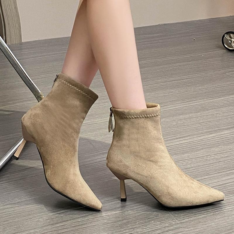 French Suede Pointed Toe Skinny Heel Stretch Skinny Booties Women's Autumn and Winter Outside Wear All-match High Heels