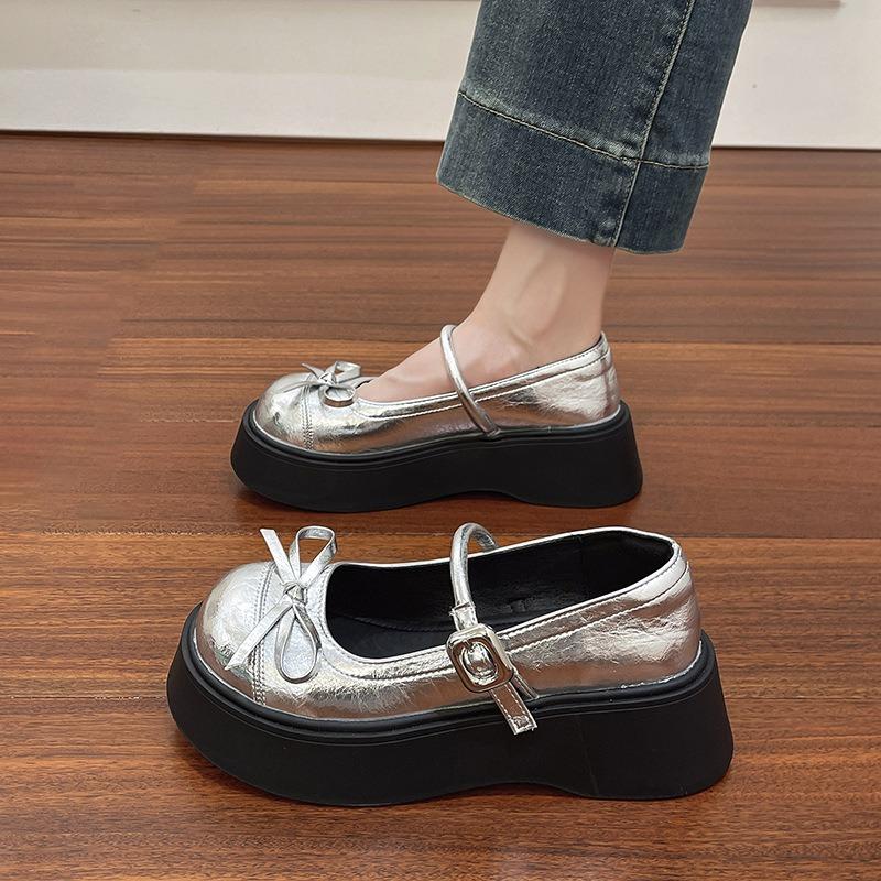 Bow thick sole heightening Mary Jane shoes women's new summer wear with skirt retro single shoes