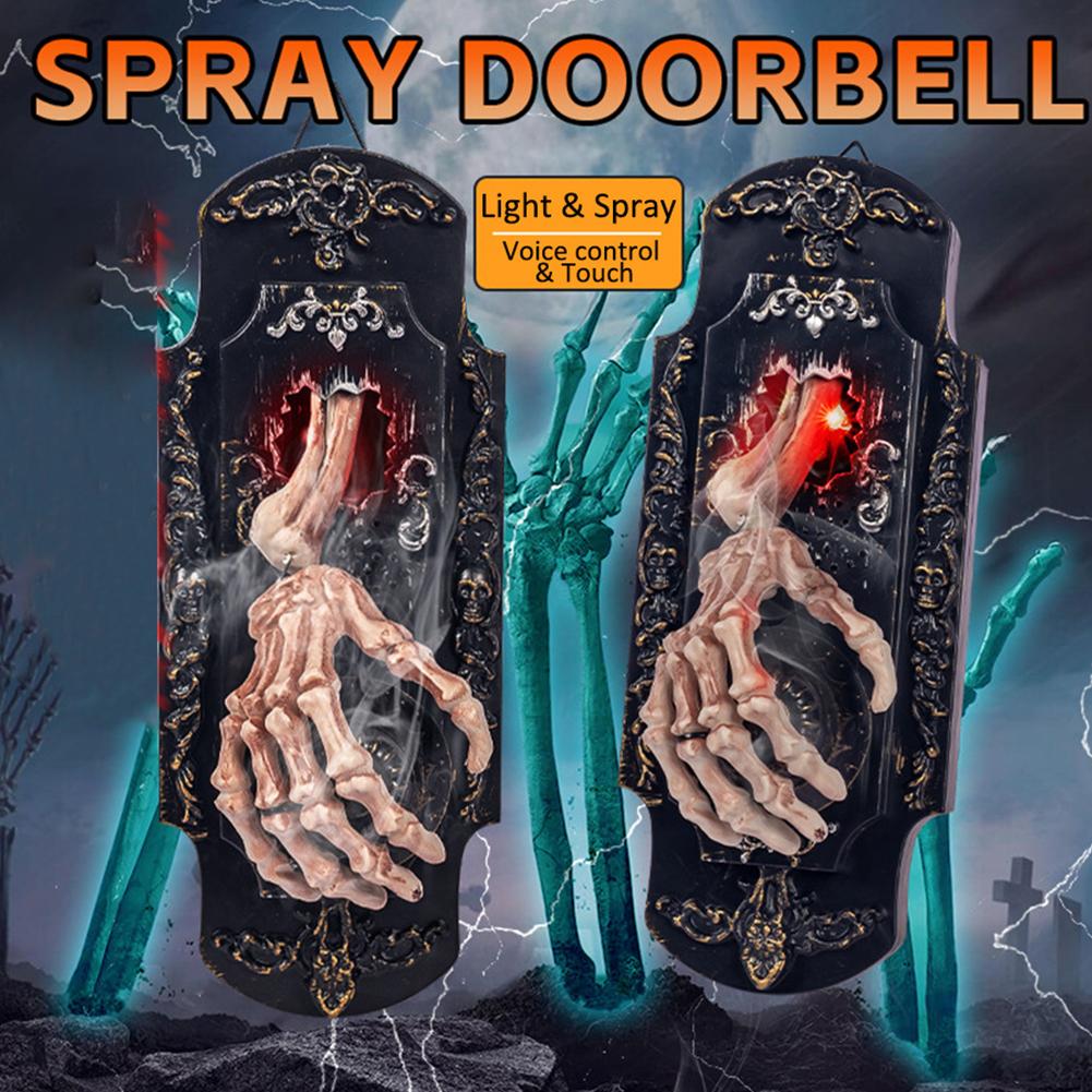 Halloween Hanging Doorbell, Touch/Motion Activated Skeleton Hand Door Bell with Red Light & Scary Sound Haunted House Decoration