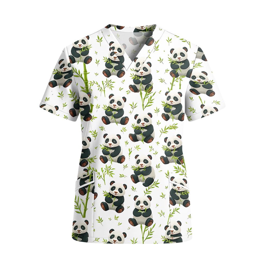 Top da Lavoro da Donna con Scollo a V, Manica Corta, Tasche, Stampa Animalier, Camice Medico, Leggero, Vestibilità Comoda per Professionisti Sanitari