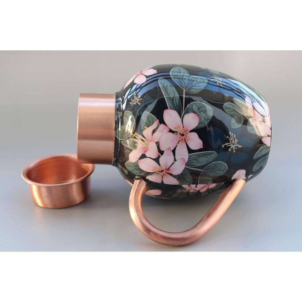 Kwiatowa Obfitość Królewski Wzór Surai Miedziany Dzbanek do Picia, Przechowywania i Serwowania Wody, (1,5 litra) (Kwiat Balck)