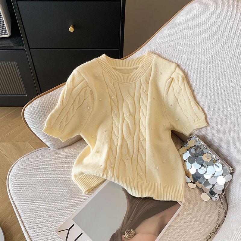 New Arrival Women's Gentle Temperament Crew Neck Pearl Embellished Loose Easiest for Match Short Sleeve Cable-Knit Sweater Sweater T-shirt