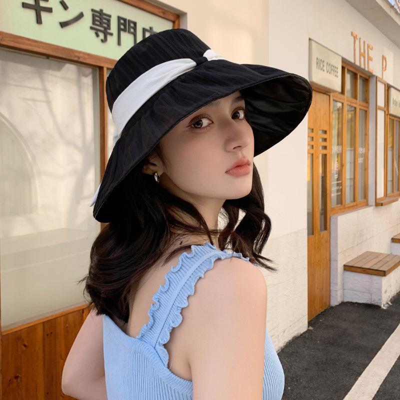 

Spring and autumn new hat women s bow bucket hat versatile foldable big edge sun hat summer