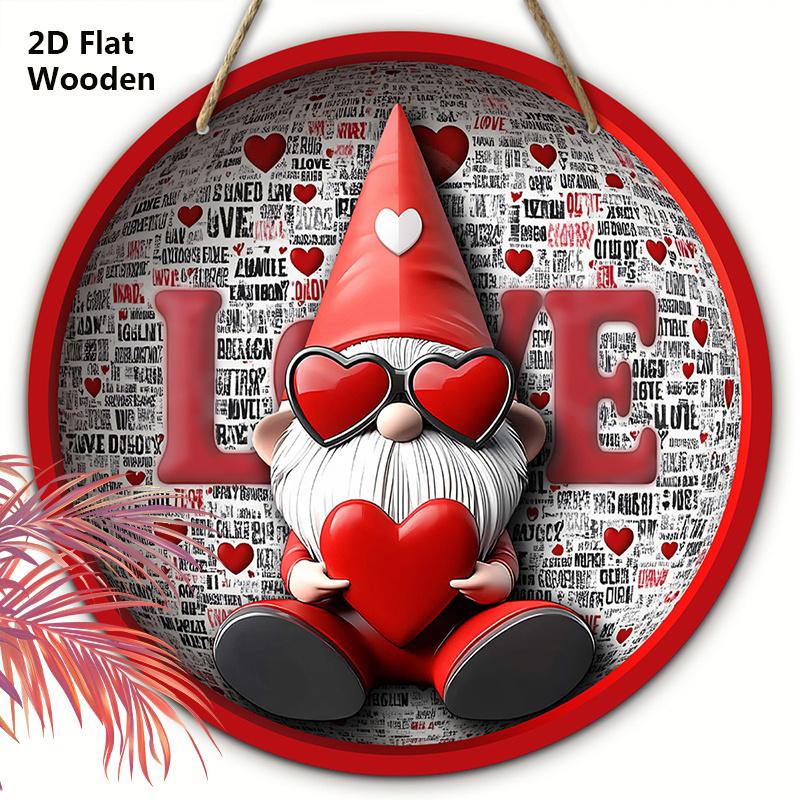 Whimsical Valentine'S Day Round Wooden Sign - Unique Gnome & Love Design, Multifunctional Outdoor Yard Sign for Home, Farm, Garden, Bar, Garage