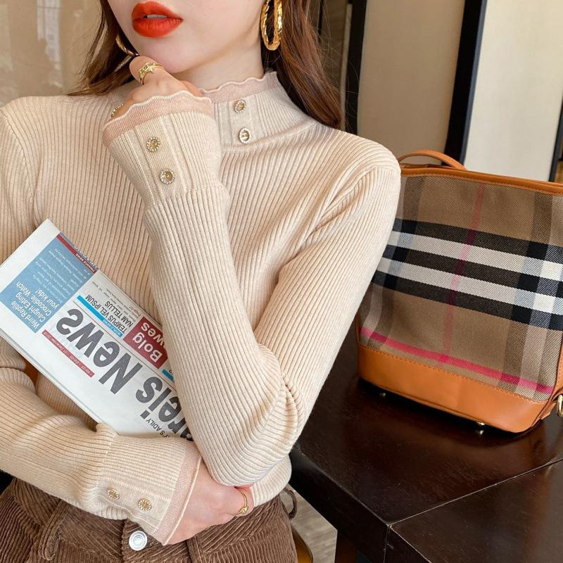 Lace Lace Semi-turtleneck Bottoming Top Womens Autumn and Winter Foreign Style Updated Knitted Versatile Top