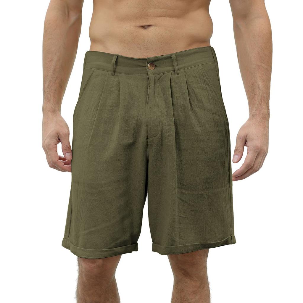 Men Linen Blend Casual Beach Shorts Classic Summer Shorts with Button and Elastic Waistband Relaxed Fit Pockets