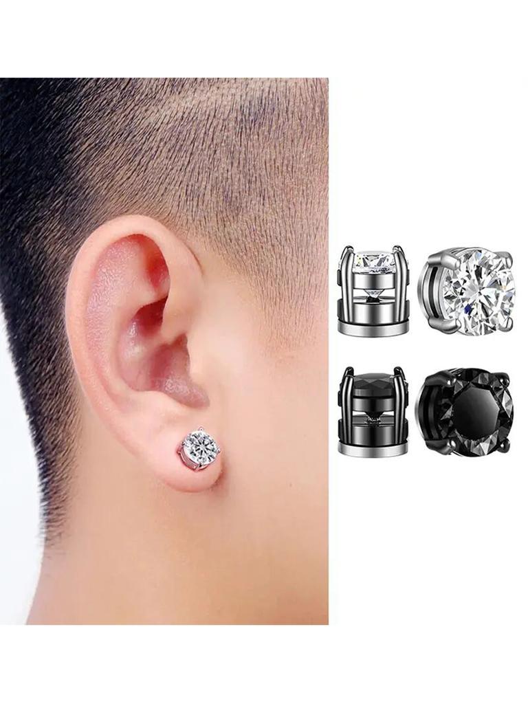 1 Pairs of Men's Fashionable Ear Hole Free Magnet Zircon Stainless Steel False Earring Set Unisex Non Piercing Clip Earrings