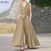 Women Casual Turn Down Collar Summer Sleeveless Wide Leg Jumpsuits