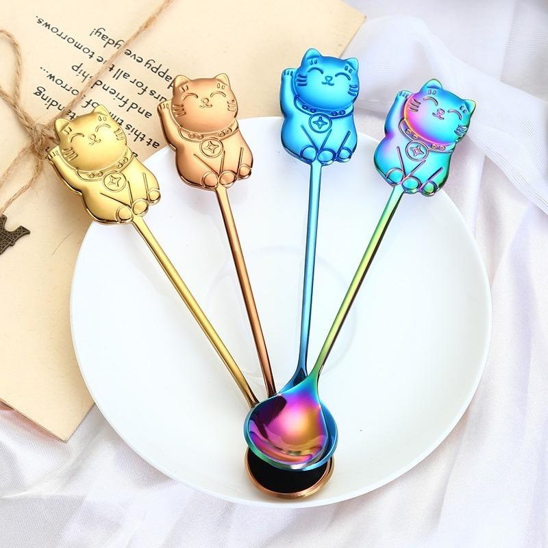 Creative 304 Stainless Steel Cartoon Lucky Cat Spoon Gift Coffee Stirring Spoon Ice Cream Ice Cream Dessert Spoon