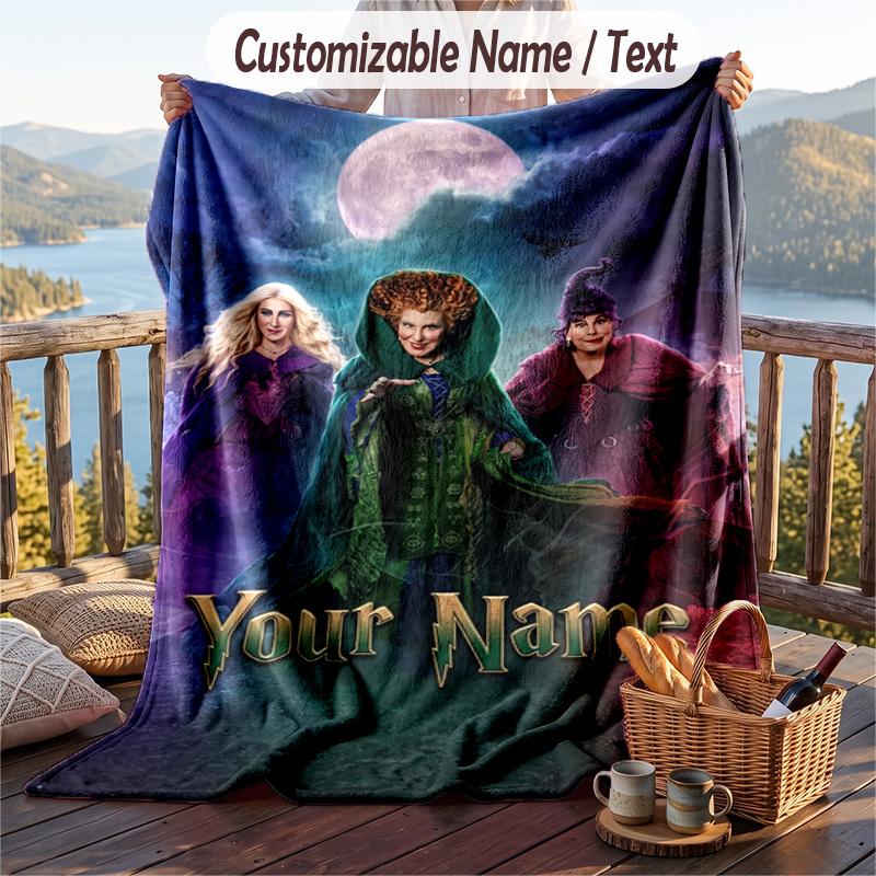Custom Text Flannel Throw Blanket, Lightweight Cozy Bed Sofa BlanketHocus Pocus Sanderson Sisters