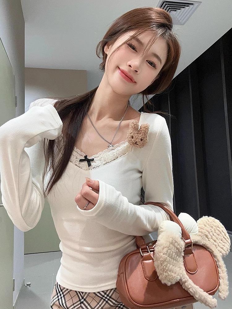 Gray Lace-Stitched Long Sleeve Top: 2024 Spring/Autumn Niche Women's Shirt