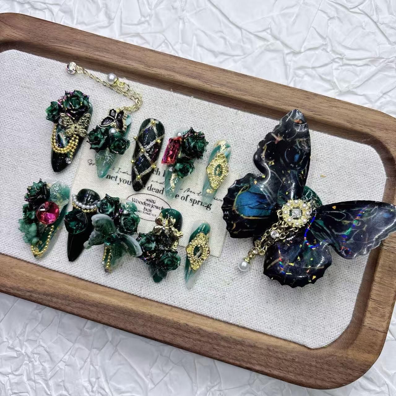 Exquisite Fairy-like Black & Green 11-Finger False Nails: Medium-Long, Pointed, Handmade, Beautiful Art