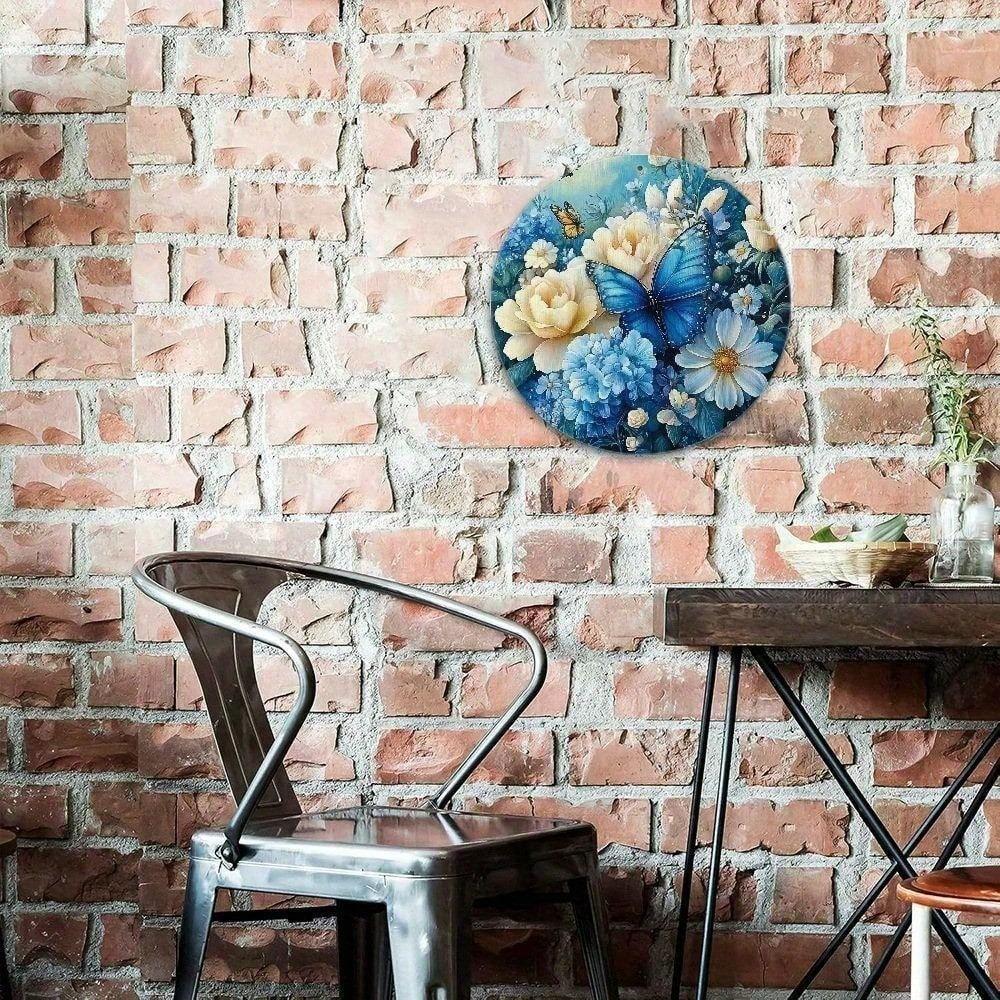 Vintage Floral Round Tin Sign 8x12 Inch, Retro Blue White Metal Plaque for Home Bar Wall Decor
