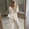 Summer Love Heart Print Pajamas Long Sleeve Set 2Pcs Outfit Lapel Sleepwear Button Down Women's Pajamas Nightwear