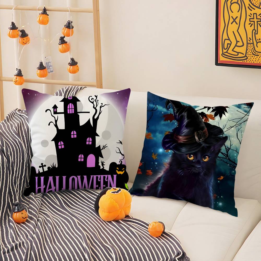 Cute Halloween Kitten Spooky Pillow Case Short Plush Double-Sided Print Square Throw Pillow Covers Sofa Home Cushion Decor