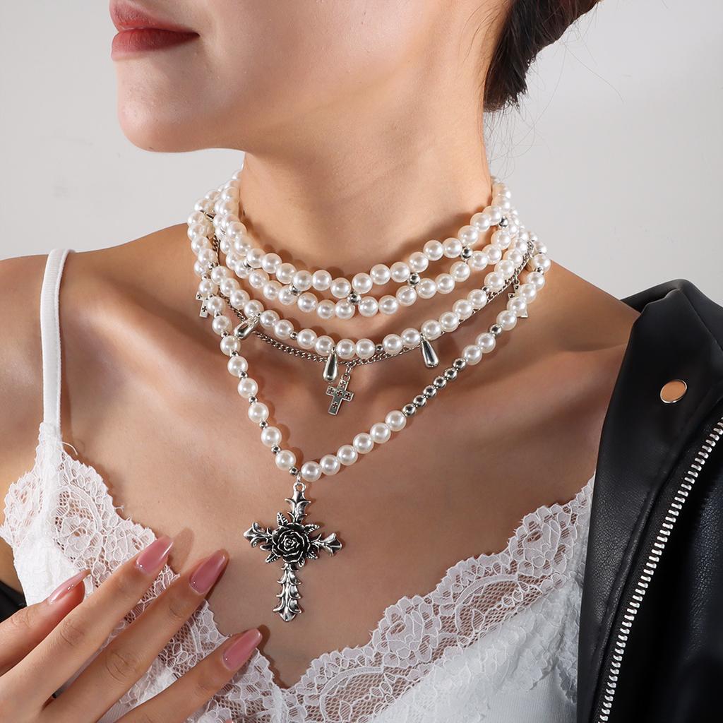 Y2K Accessories Simulation Pearl Cross Choker Necklace for Women Korean Punk Goth Jewelry Accessories