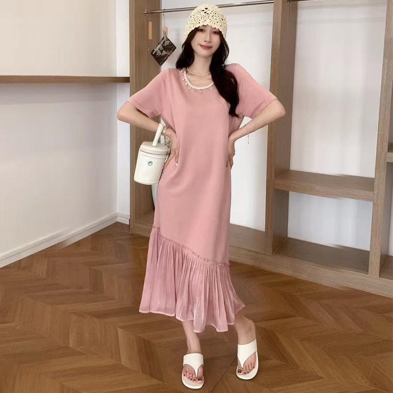 2026 Trendy Summer Maternity Chiffon Dress with Shell Button Patchwork M